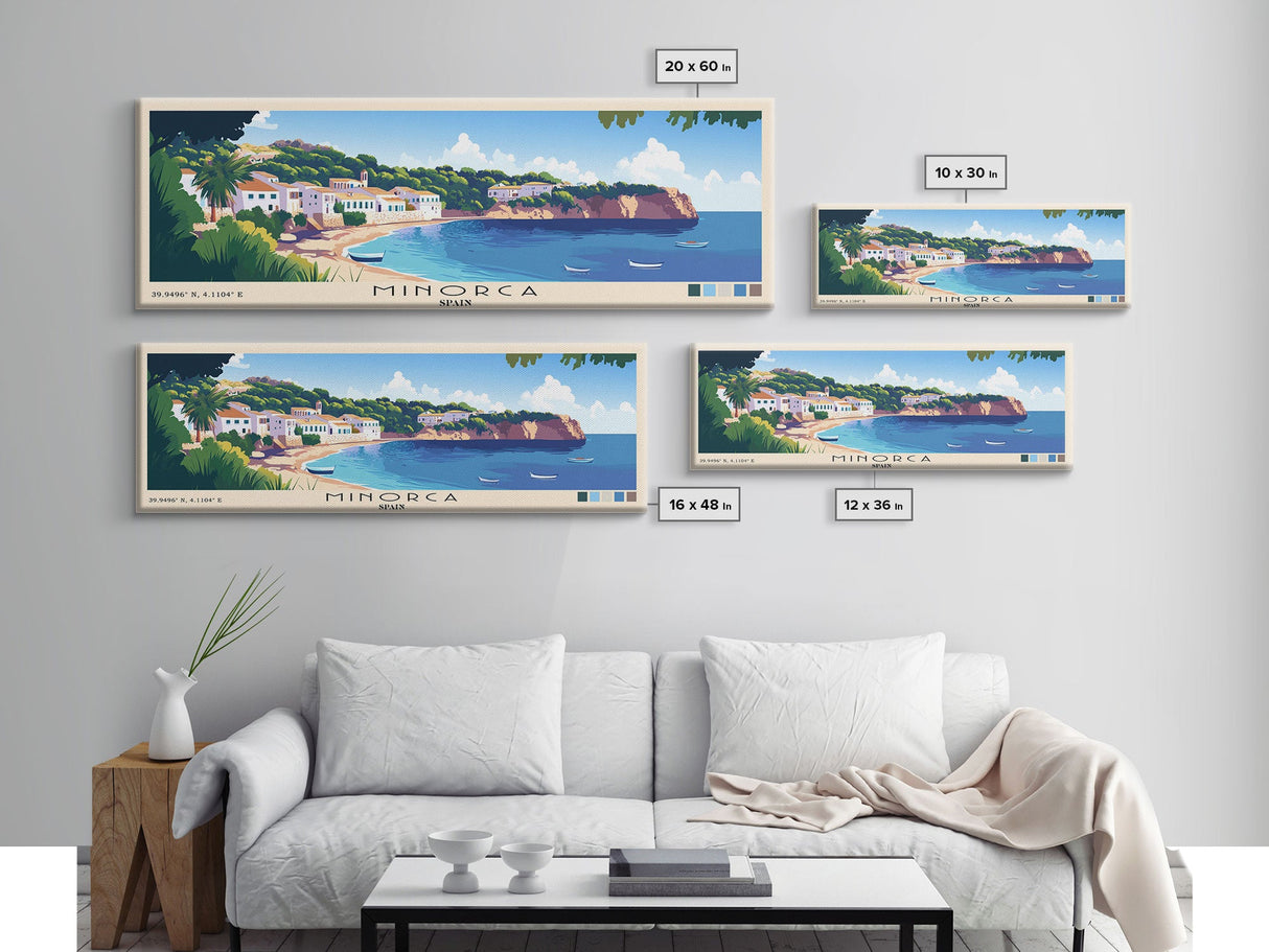 Minorca, Spain Panoramic Beach Print, Vacation Gift, Spain Wall Art, Framed Canvas Print, Framed Beach Painting