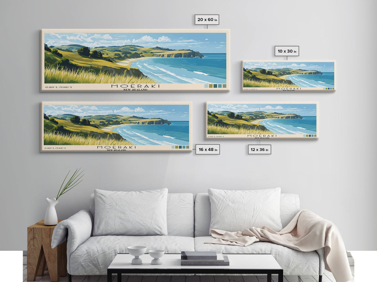 Moeraki, New Zealand Panoramic Beach Print, Vacation Gift, New Zealand Wall Art, Framed Canvas Print, Framed Beach Painting