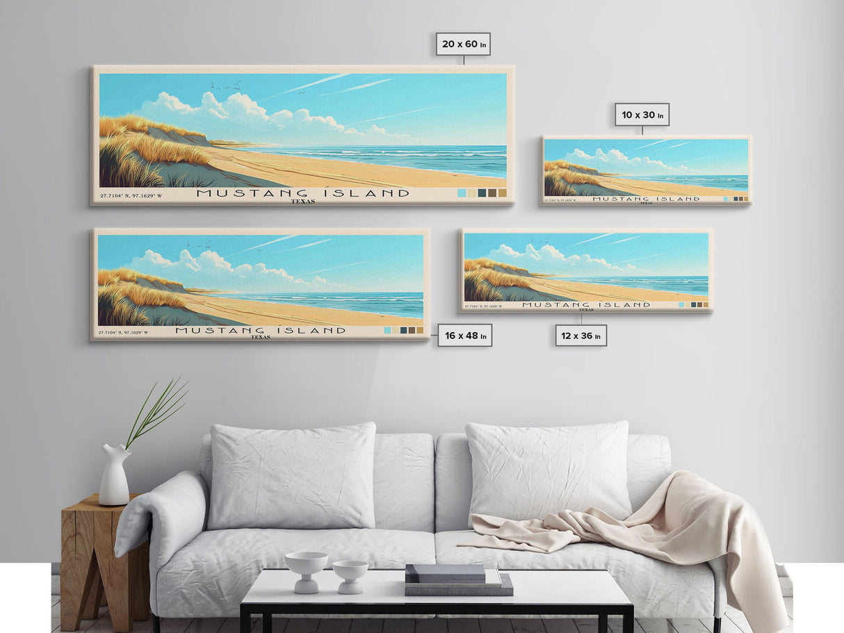 Mustang Island, Texas Panoramic Beach Print, Vacation Gift, Texas Wall Art, Beach Painting, Beach Decor, Beach Painting