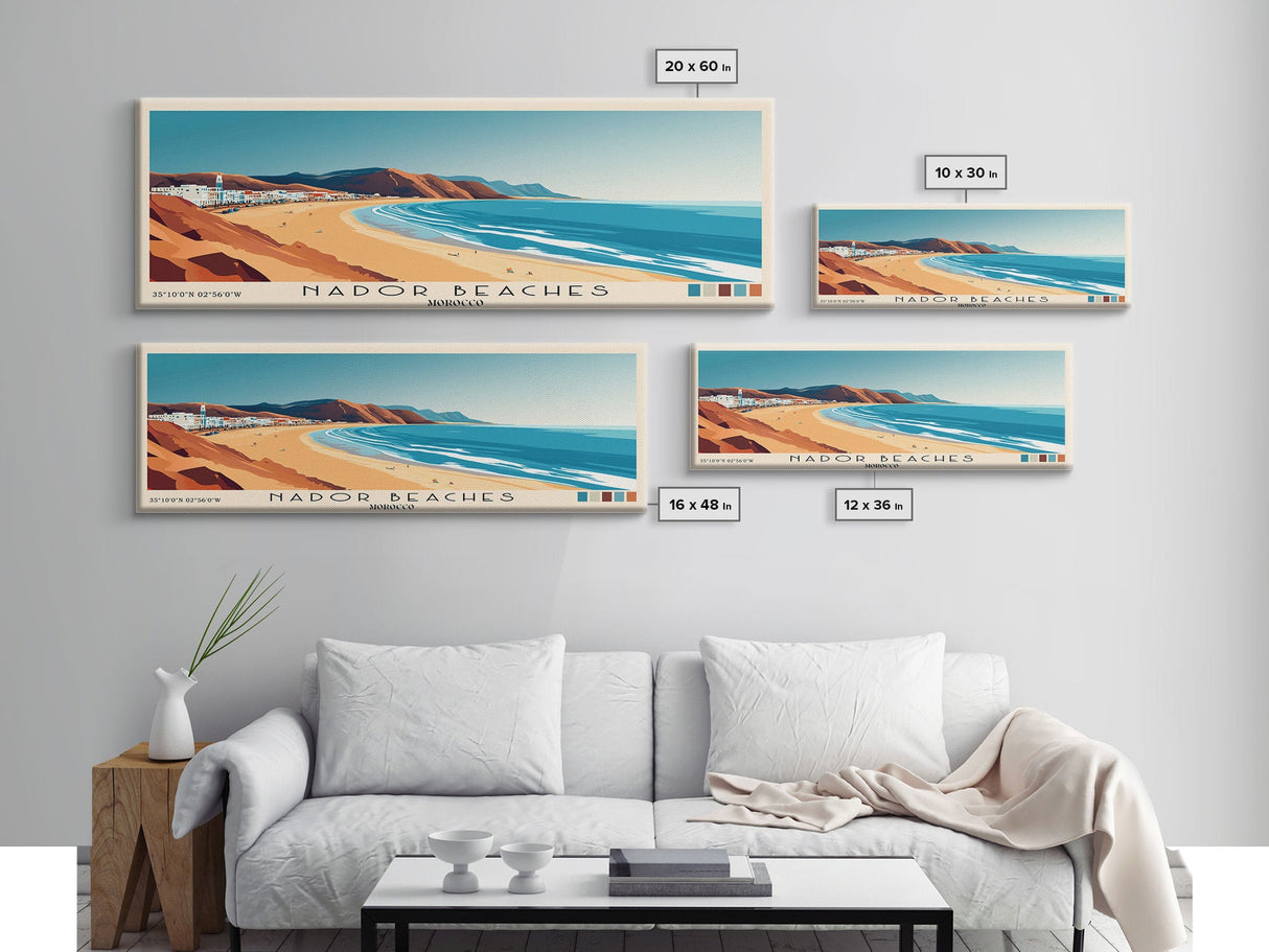 Nador Beaches, Morocco Panoramic Beach Print, Vacation Gift, Morocco Wall Art, Framed Canvas Print, Framed Beach Painting