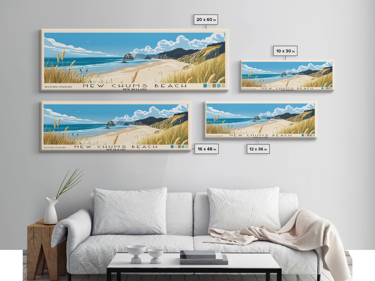 New Chums Beach, New Zealand Panoramic Print, Vacation Gift, New Zealand Wall Art, Beach Painting, Beach Decor, Beach Or Lakehouse Art