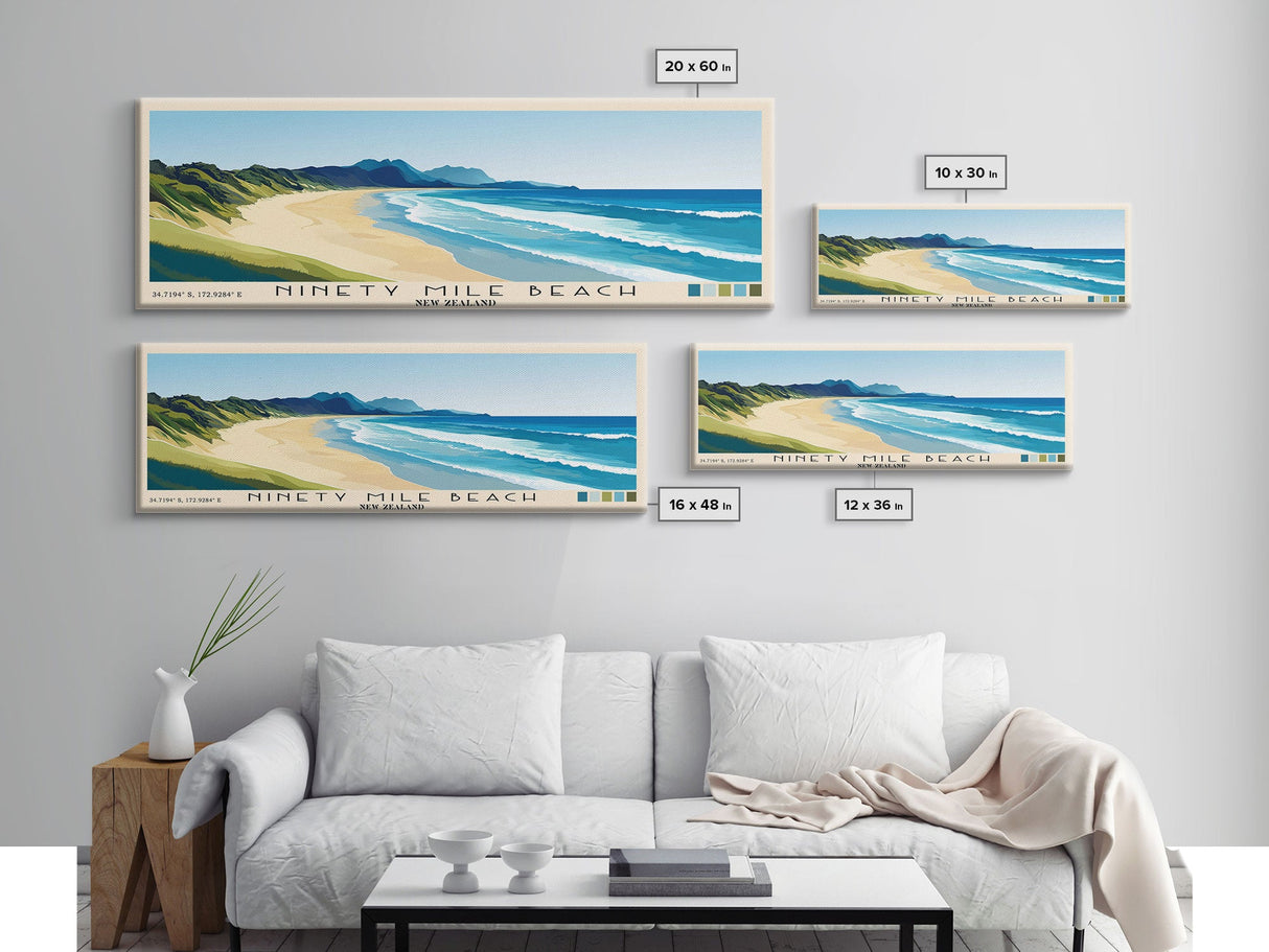 Ninety Mile Beach, New Zealand Panoramic Print, Vacation Gift, New Zealand Wall Art, Beach Painting, Beach Decor, Beach Or Lakehouse Art