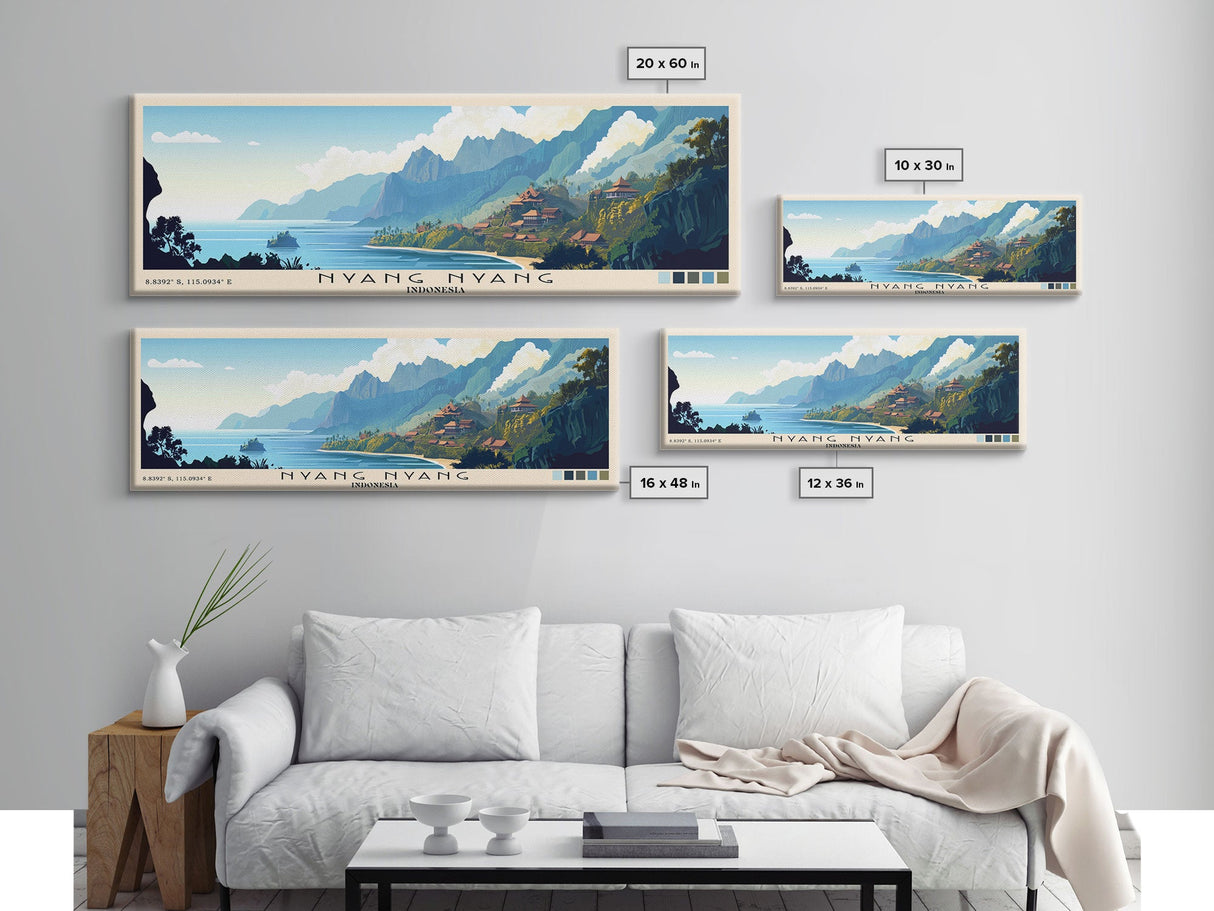 Nyang Nyang, Indonesia Panoramic Beach Print, Vacation Gift, Indonesia Wall Art, Framed Canvas Print, Framed Beach Painting