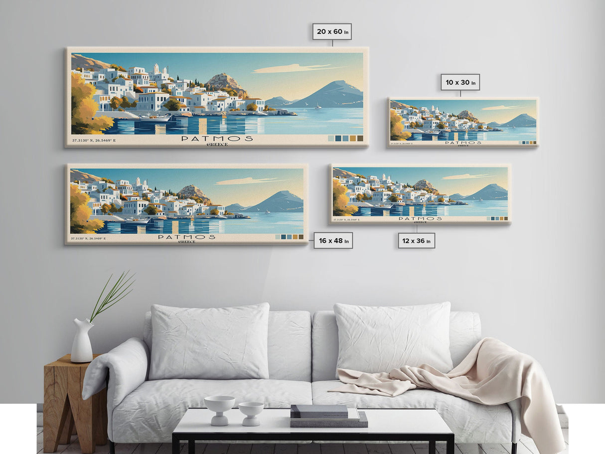 Patmos, Greece Panoramic Beach Print, Vacation Gift, Greece Wall Art, Beach Painting, Beach Decor, Beach Painting