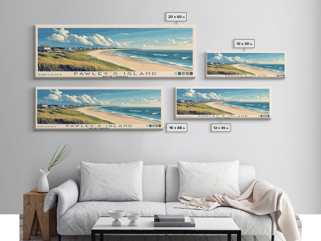 Pawley's Island, South Carolina Panoramic Beach Print, Vacation Gift, South Carolina Wall Art, Framed Canvas Print, Framed Beach Painting