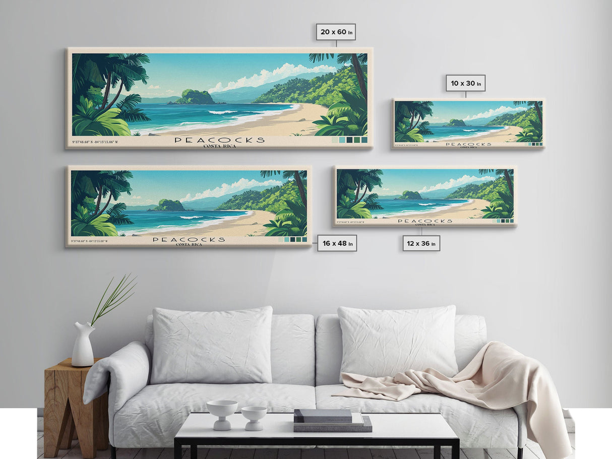 Peacocks, Costa Rica Panoramic Beach Print, Vacation Gift, Costa Rica Wall Art, Beach Painting, Beach Decor, Beach Painting