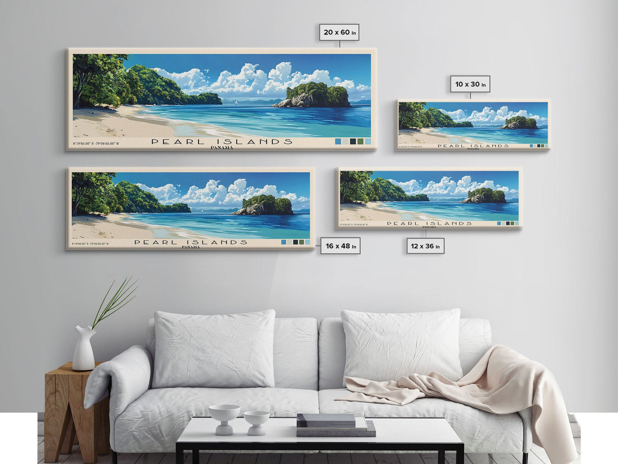 Pearl Islands, Panamá Panoramic Beach Print, Vacation Gift, Panamá Wall Art, Framed Canvas Print, Framed Beach Painting