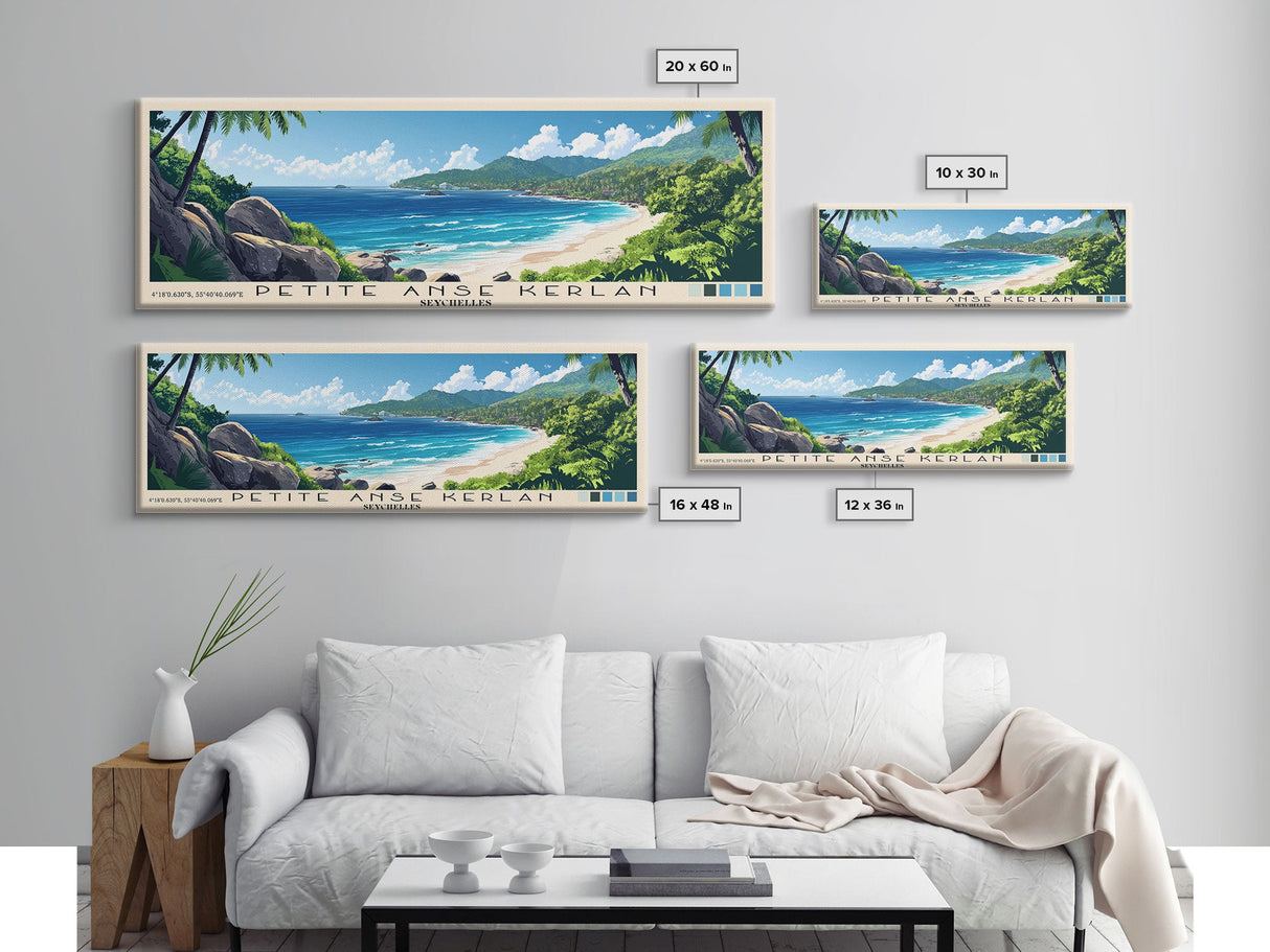 Petite Anse Kerlan, Seychelles Panoramic Beach Print, Vacation Gift, Seychelles Wall Art, Framed Canvas Print, Framed Beach Painting