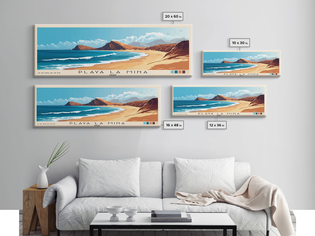 Playa La Mina, Peru Panoramic Beach Print, Vacation Gift, Peru Wall Art, Framed Canvas Print, Framed Beach Painting