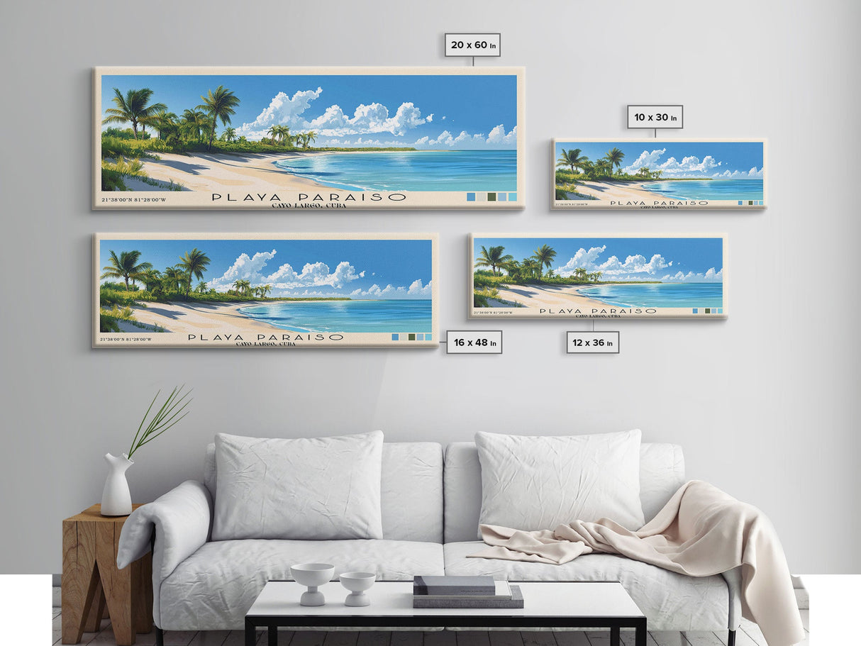 Playa Paraiso, Cayo Largo, Cuba Panoramic Beach Print, Vacation Gift, Cayo Largo, Cuba Wall Art, Framed Canvas Print, Framed Beach Painting