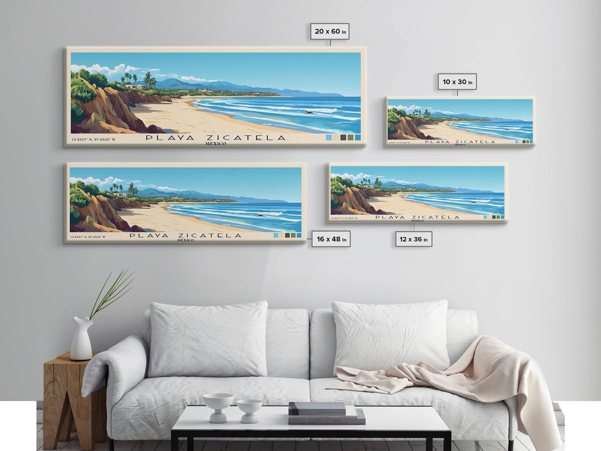 Playa Zicatela, Mexico Panoramic Print, Vacation Gift, Mexico Wall Art, Beach Painting, Beach Decor, Large Wall Art, Wood Frame Art