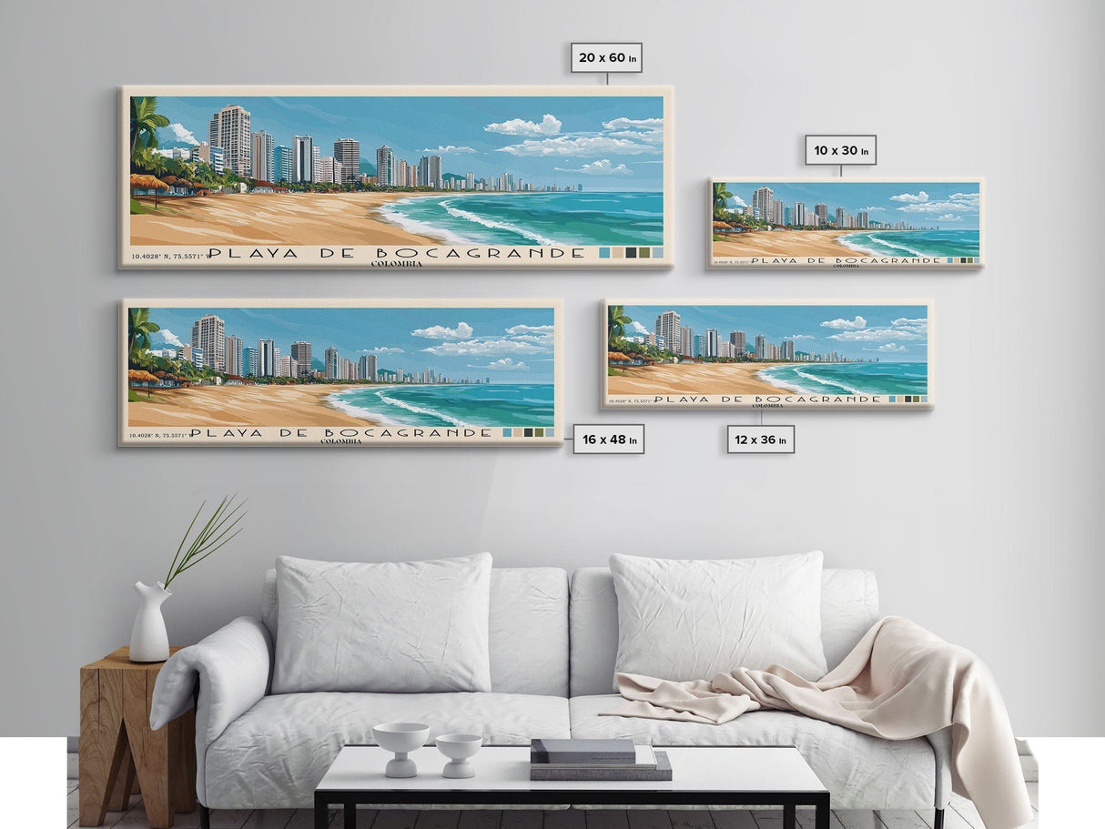 Playa de Bocagrande, Colombia Panoramic Beach Print, Vacation Gift, Colombia Wall Art, Framed Canvas Print, Framed Beach Painting