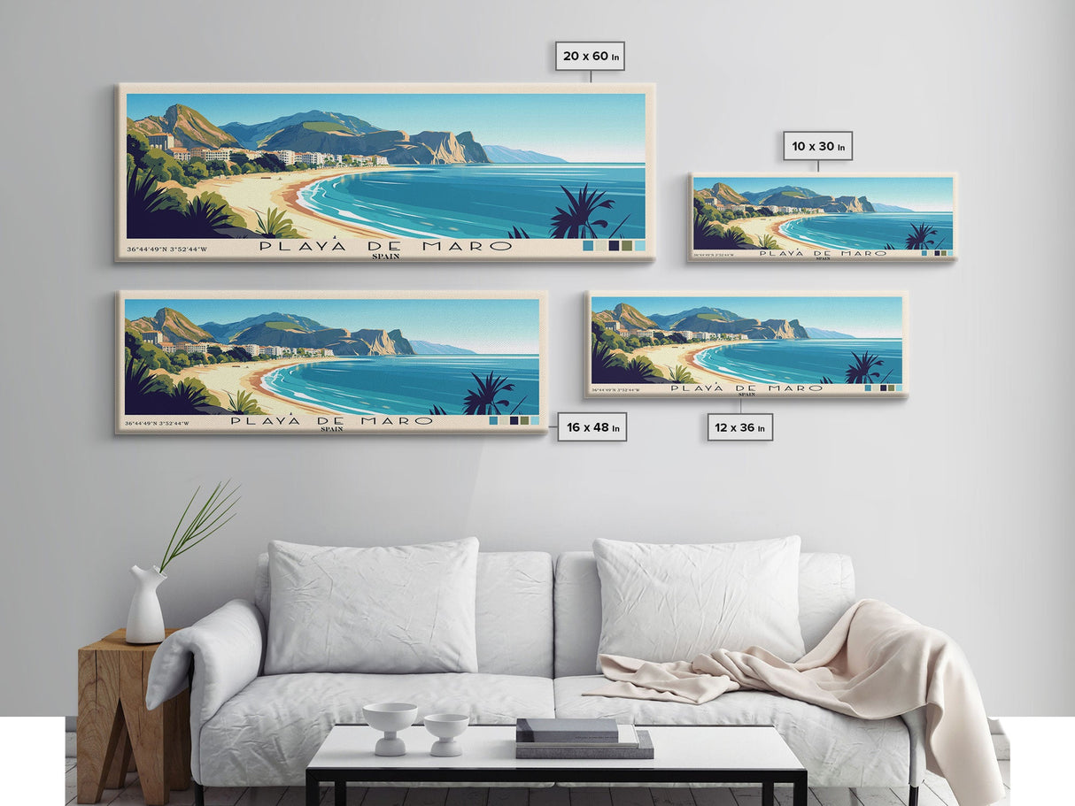 Playa de Maro, Spain Panoramic Print, Vacation Gift, Spain Wall Art, Beach Painting, Beach Decor, Large Wall Art, Wood Frame Art