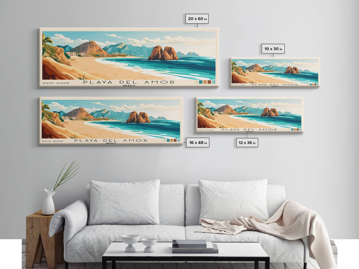 Playa del Amor, Mexico Panoramic Beach Print, Vacation Gift, Mexico Wall Art, Beach Painting, Beach Decor, Beach Painting