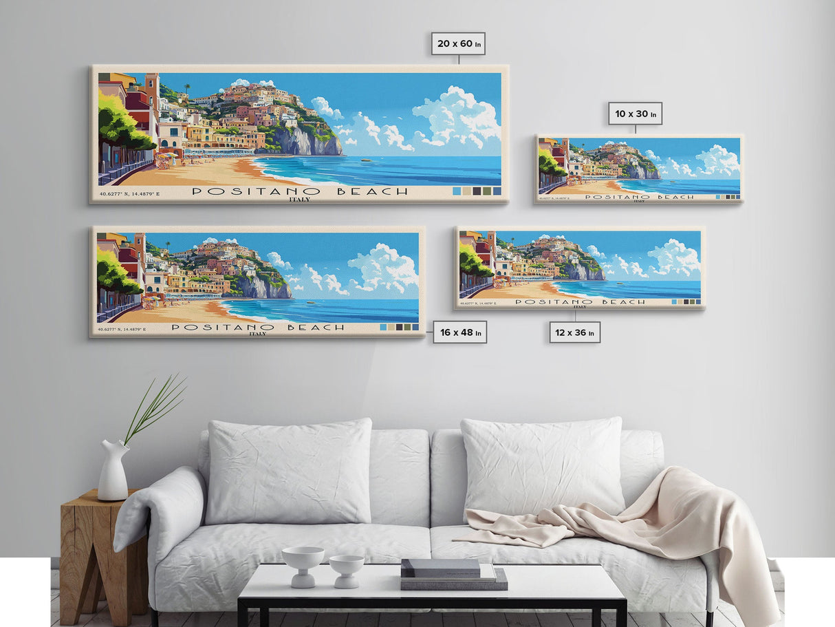 Positano Beach, Italy Panoramic Print, Vacation Gift, Italy Wall Art, Beach Painting, Beach Decor, Beach Or Lakehouse Art