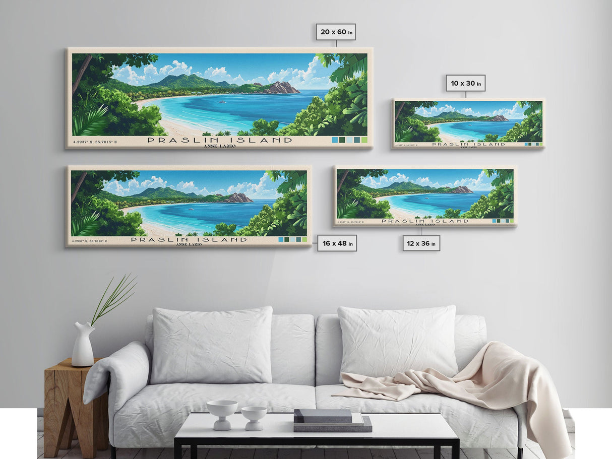 Praslin Island, Anse Lazio Panoramic Beach Print, Vacation Gift, Anse Lazio Wall Art, Framed Canvas Print, Framed Beach Painting