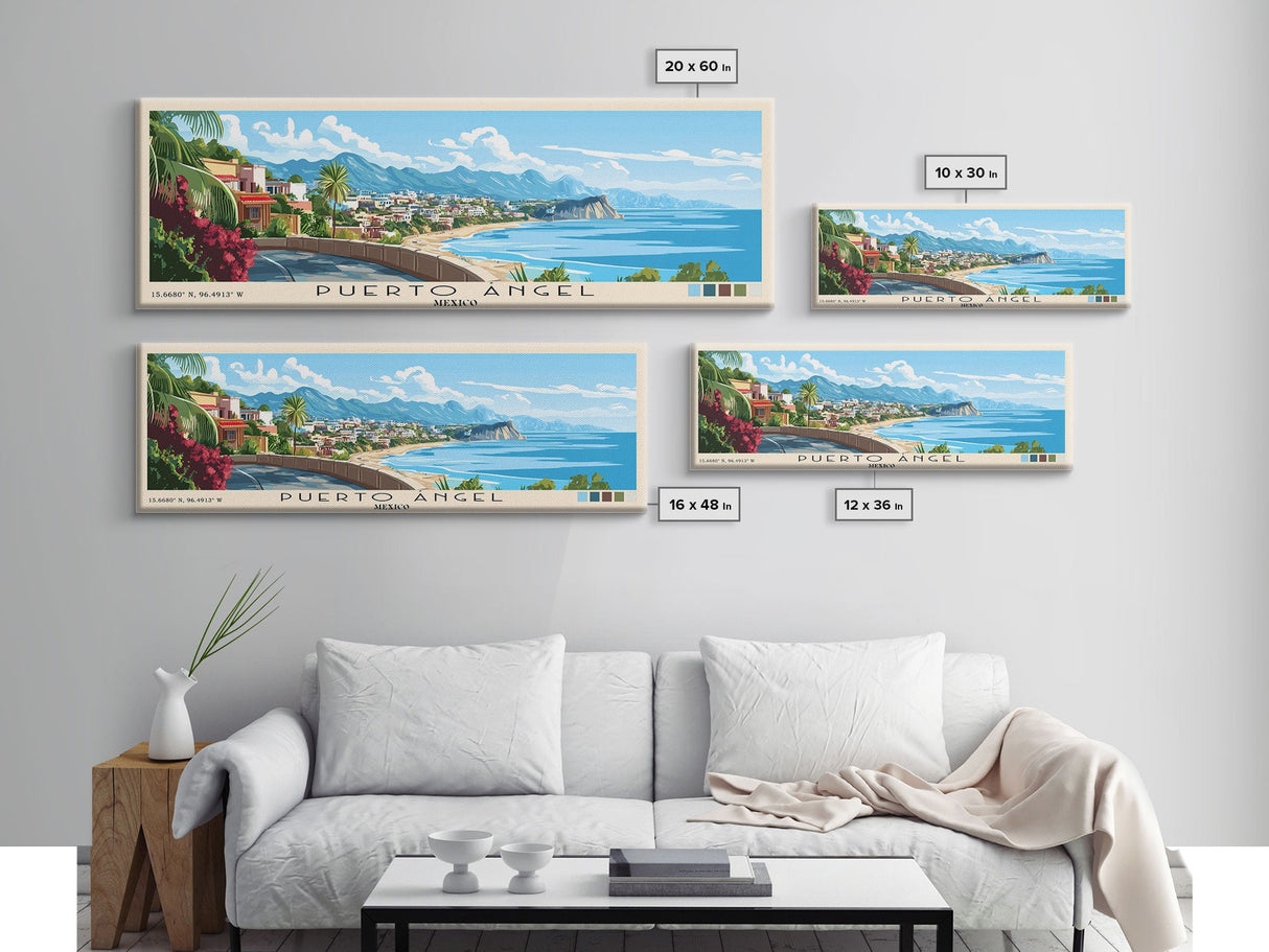 Puerto Ángel, Mexico Panoramic Beach Print, Vacation Gift, Mexico Wall Art, Framed Canvas Print, Framed Beach Painting