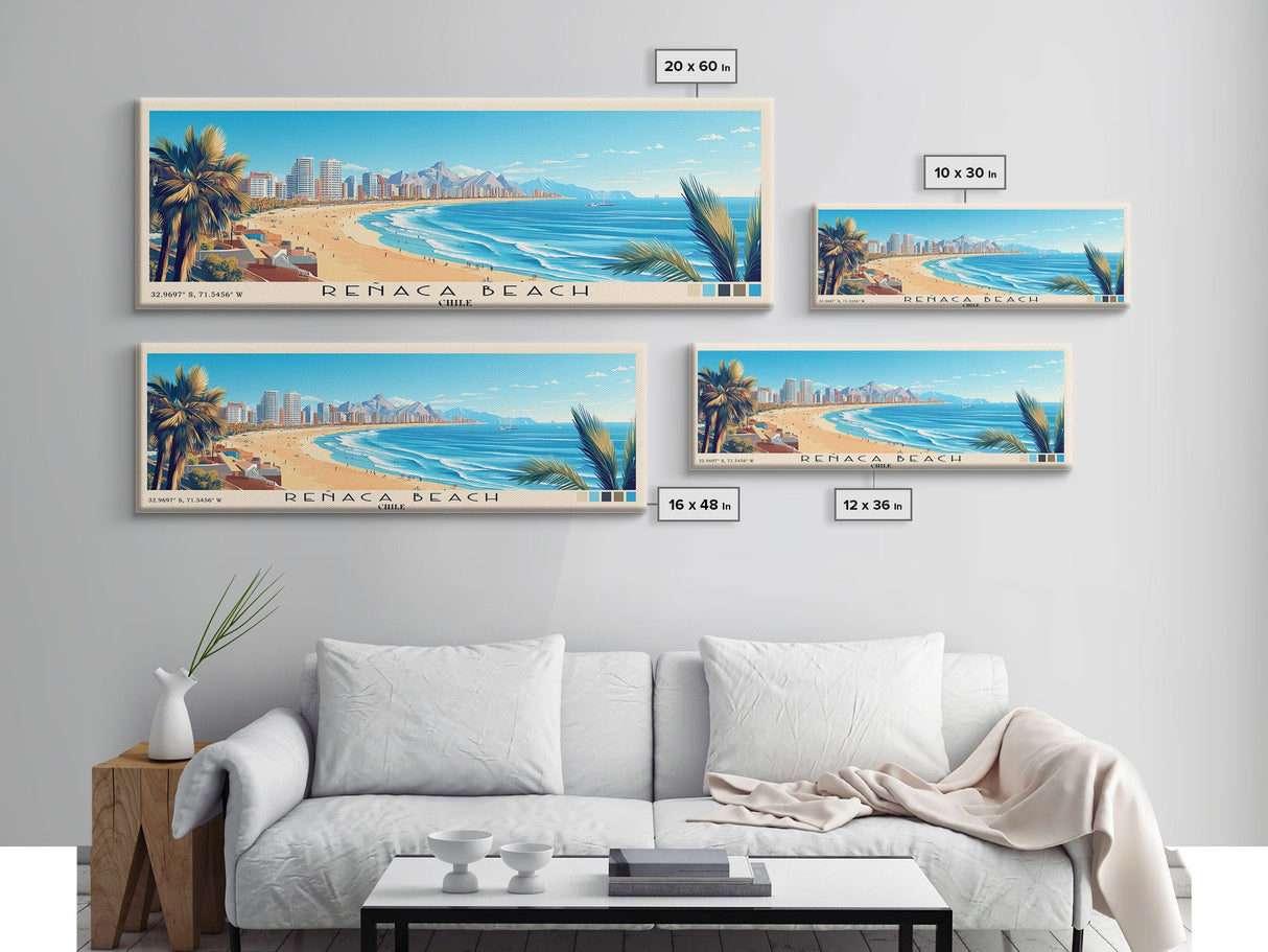 Reñaca beach, Chile Panoramic Print, Vacation Gift, Chile Wall Art, Beach Painting, Beach Decor, Large Wall Art, Wood Frame Art