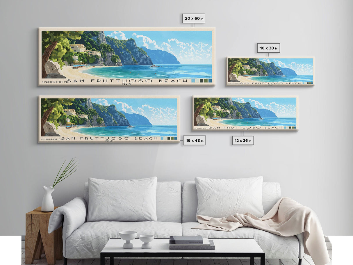 San Fruttuoso Beach, Italy Panoramic Print, Vacation Gift, Italy Wall Art, Beach Painting, Beach Decor, Large Wall Art, Wood Frame Art