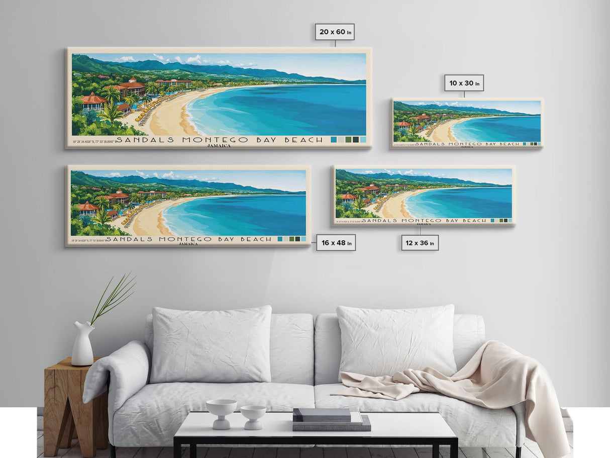 Sandals Montego Bay Beach, Jamaica Panoramic Print, Vacation Gift, Jamaica Wall Art, Beach Painting, Beach Decor, Large Wall Art, Wood Frame Art