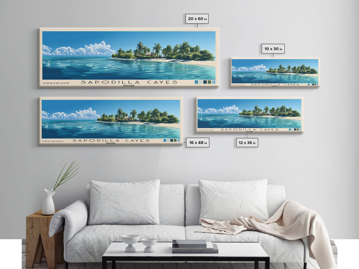 Sapodilla Cayes, Belize Panoramic Beach Print, Vacation Gift, Belize Wall Art, Framed Canvas Print, Framed Beach Painting