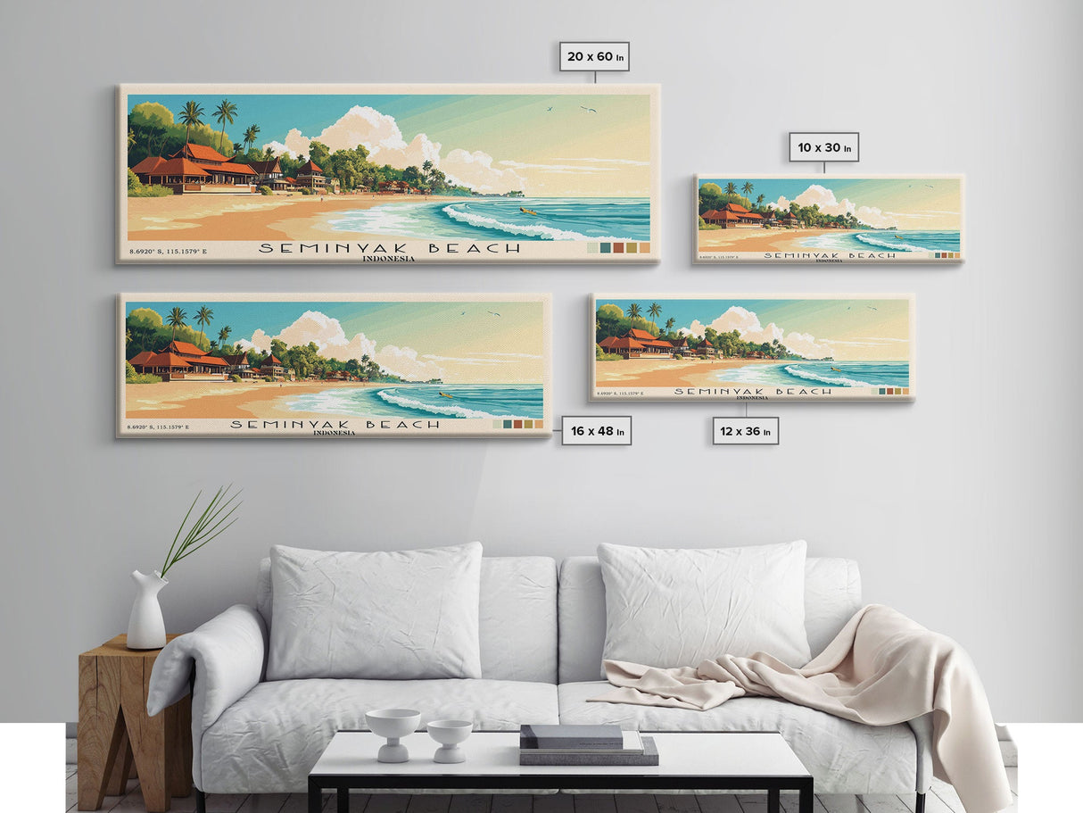 Seminyak Beach, Indonesia Panoramic Beach Print, Vacation Gift, Indonesia Wall Art, Framed Canvas Print, Framed Beach Painting