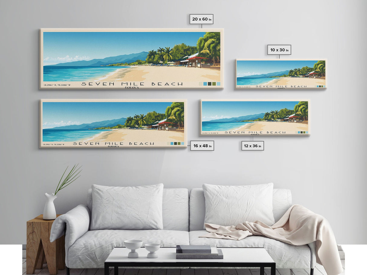 Seven Mile Beach, Jamaica Panoramic Print, Vacation Gift, Jamaica Wall Art, Beach Painting, Beach Decor, Large Wall Art, Wood Frame Art