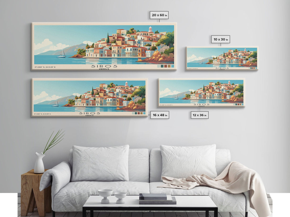 Siros, Greece Panoramic Print, Vacation Gift, Greece Wall Art, Beach Painting, Beach Decor, Beach Or Lakehouse Art