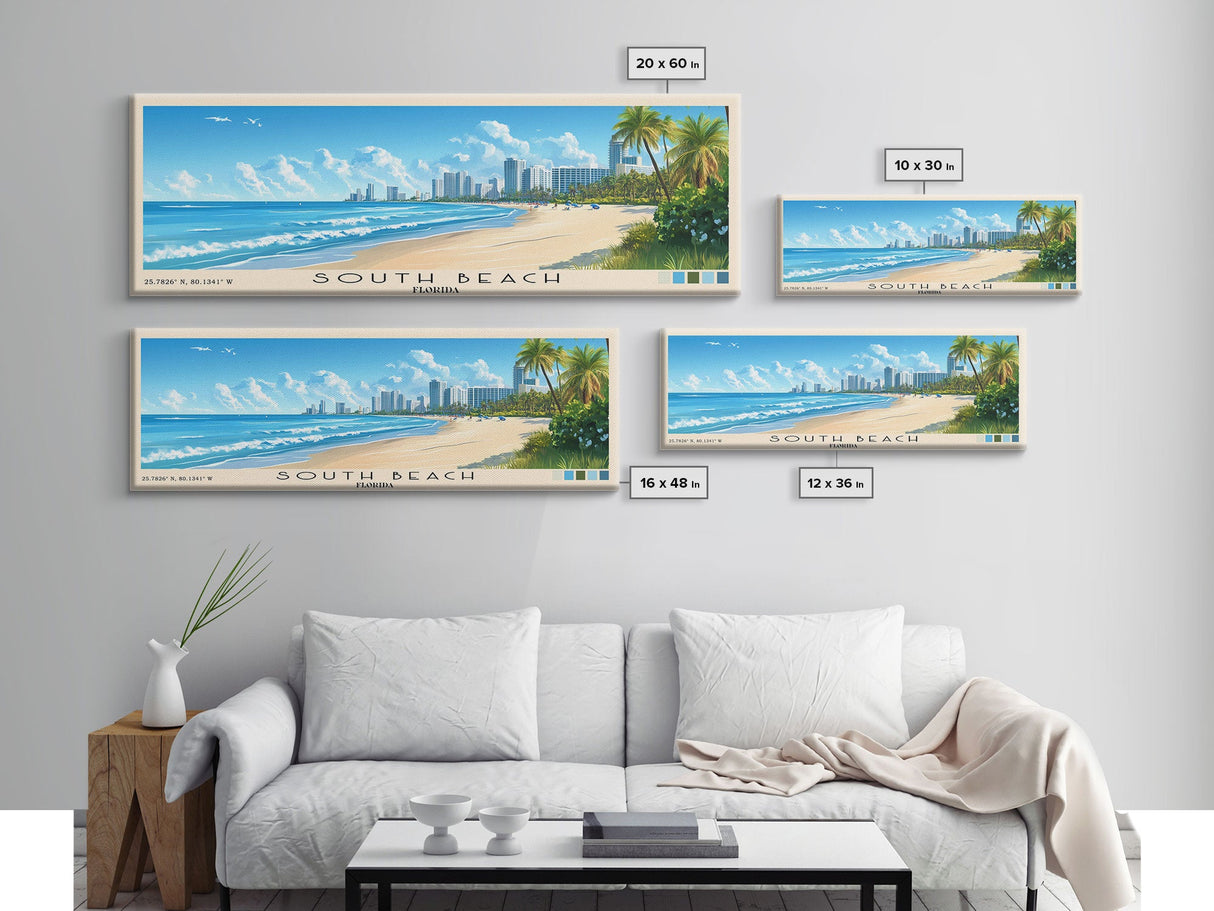 South Beach, Florida Panoramic Print, Vacation Gift, Florida Wall Art, Beach Painting, Beach Decor, Beach Or Lakehouse Art