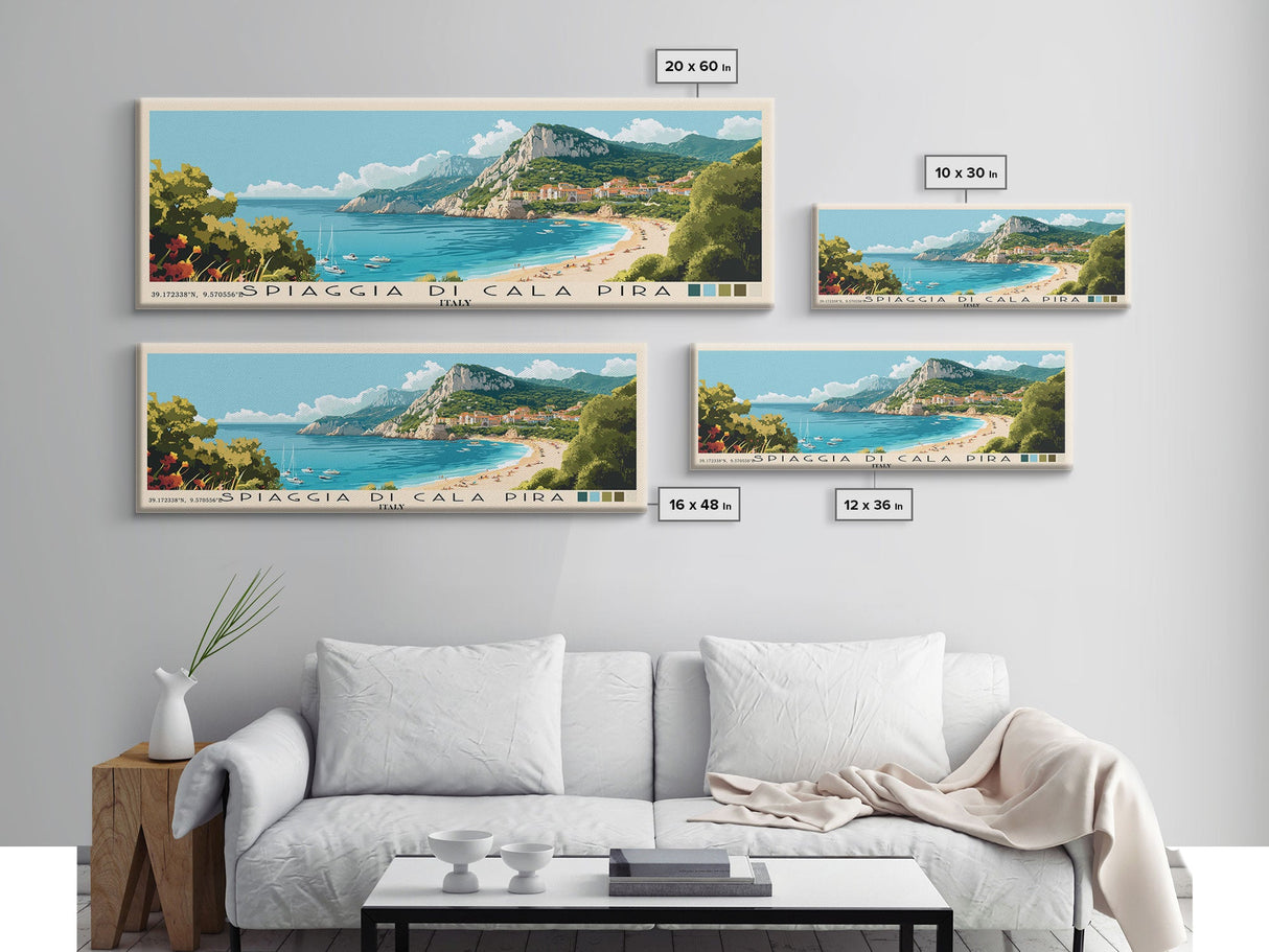 Spiaggia di Cala Pira, Italy Panoramic Beach Print, Vacation Gift, Italy Wall Art, Framed Canvas Print, Framed Beach Painting