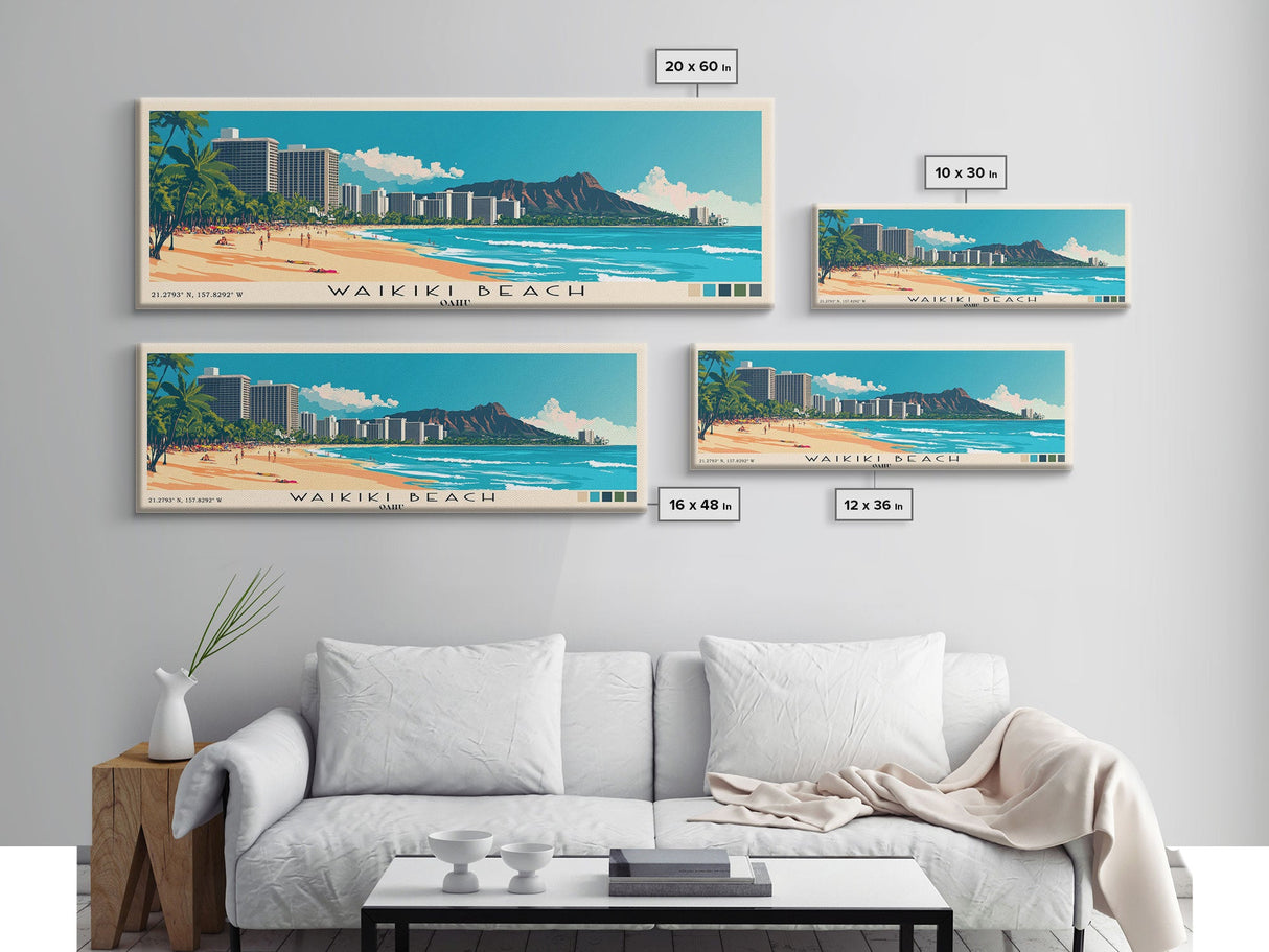 Waikiki Beach, Oahu Panoramic Beach Print, Vacation Gift, Oahu Wall Art, Beach Painting, Beach Decor, Beach Painting