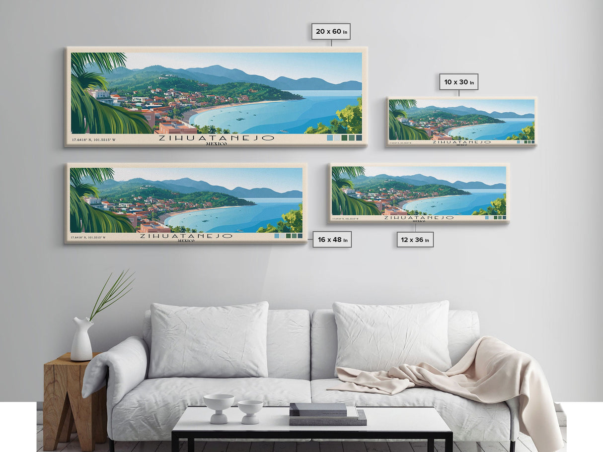 Zihuatanejo, Mexico Panoramic Beach Print, Vacation Gift, Mexico Wall Art, Framed Canvas Print, Framed Beach Painting