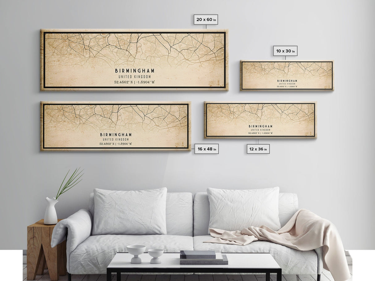 Panoramic Birmingham UK map print poster or framed canvas, map print poster canvas, UK city map print poster canvas, Vintage Travel Art