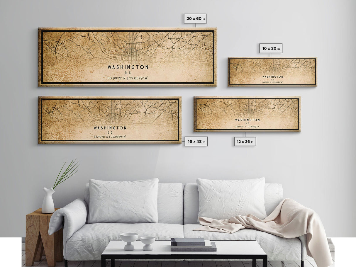 Panoramic Vintage Washington map print poster or framed canvas | Washington dc city map print poster canvas | Washington DC Canvas Art