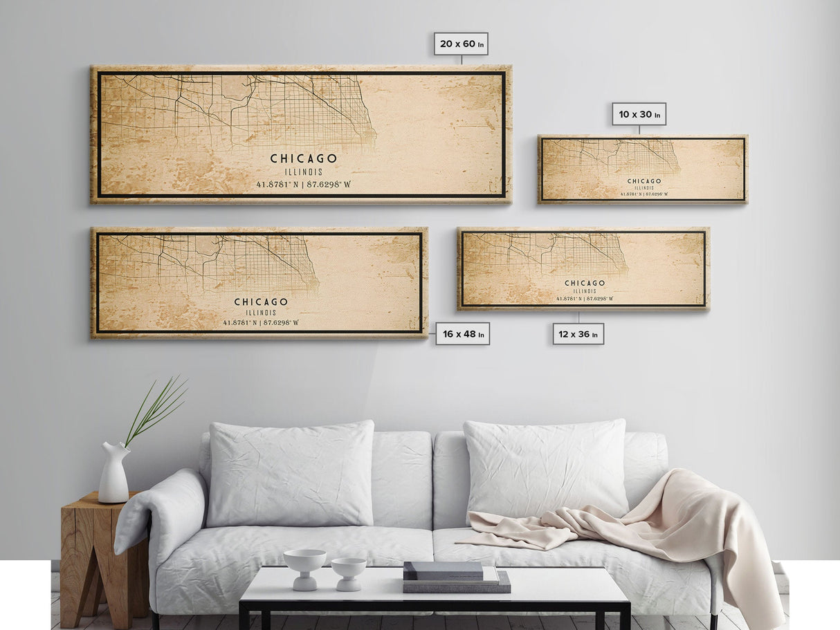 Distressed Panoramic Chicago map print poster or framed canvas, Illinois road map print poster canvas, Chicago city map print poster canvas