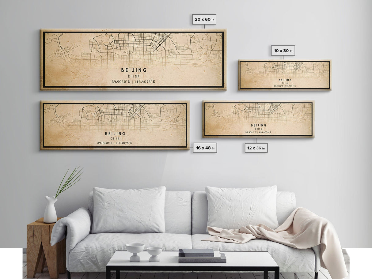 Panoramic Beijing China map print poster or framed canvas, Beijing map print poster canvas, city map print poster canvas, Vintage Travel Art