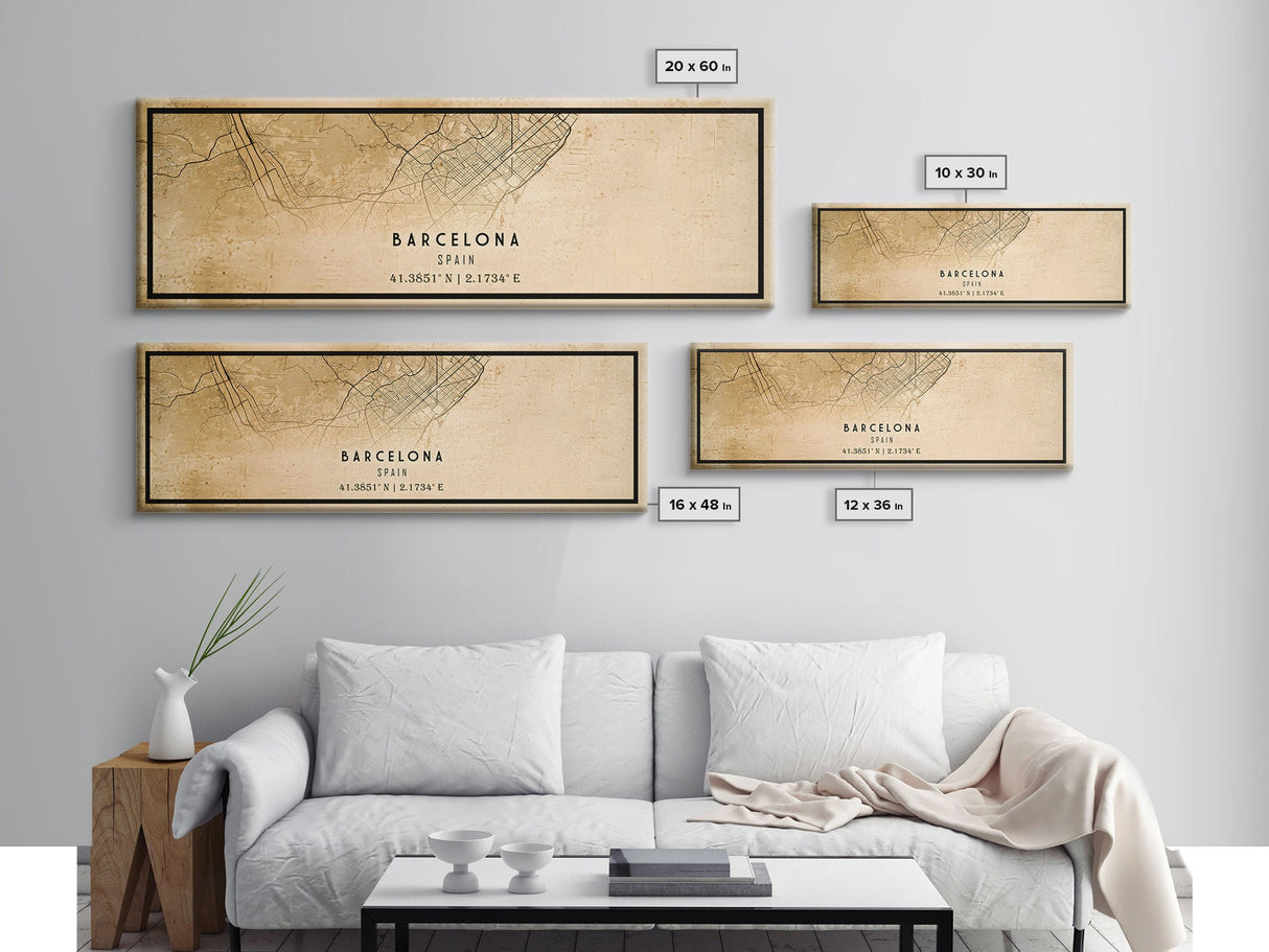 Panoramic Barcelona Spain map print poster or framed canvas, map print poster canvas, Spain city map print poster canvas, Vintage Travel Art