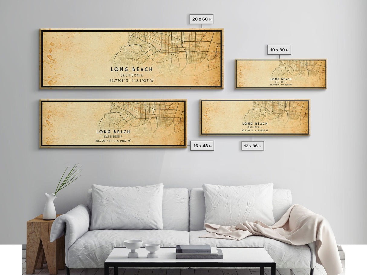 Old Panoramic Map of Long Beach California, Distressed Vintage Map | Vintage Poster Wall Art Print | Old Map Print, Framed Canvas Map