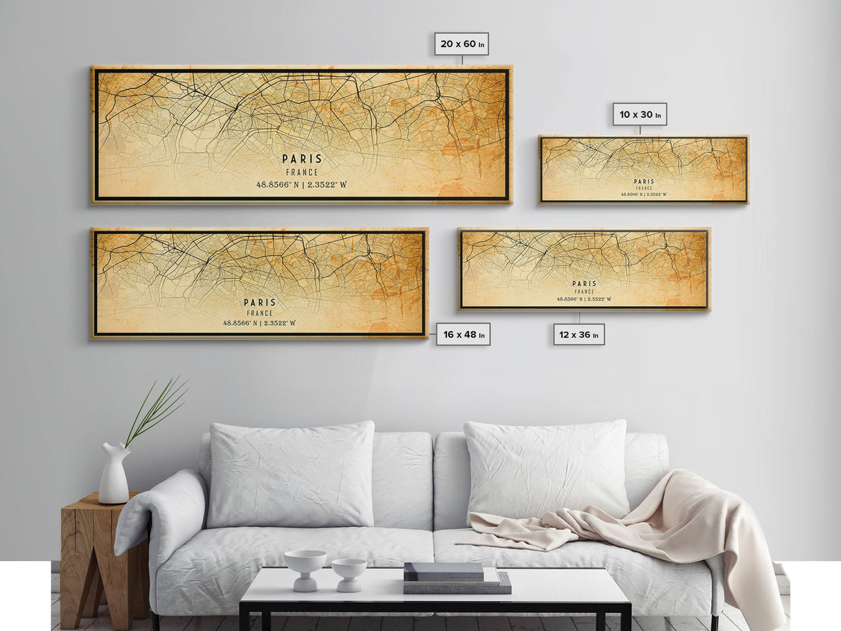 Panoramic Paris France map print poster or framed canvas, Paris map print poster canvas, city map print poster canvas, Vintage Travel Art