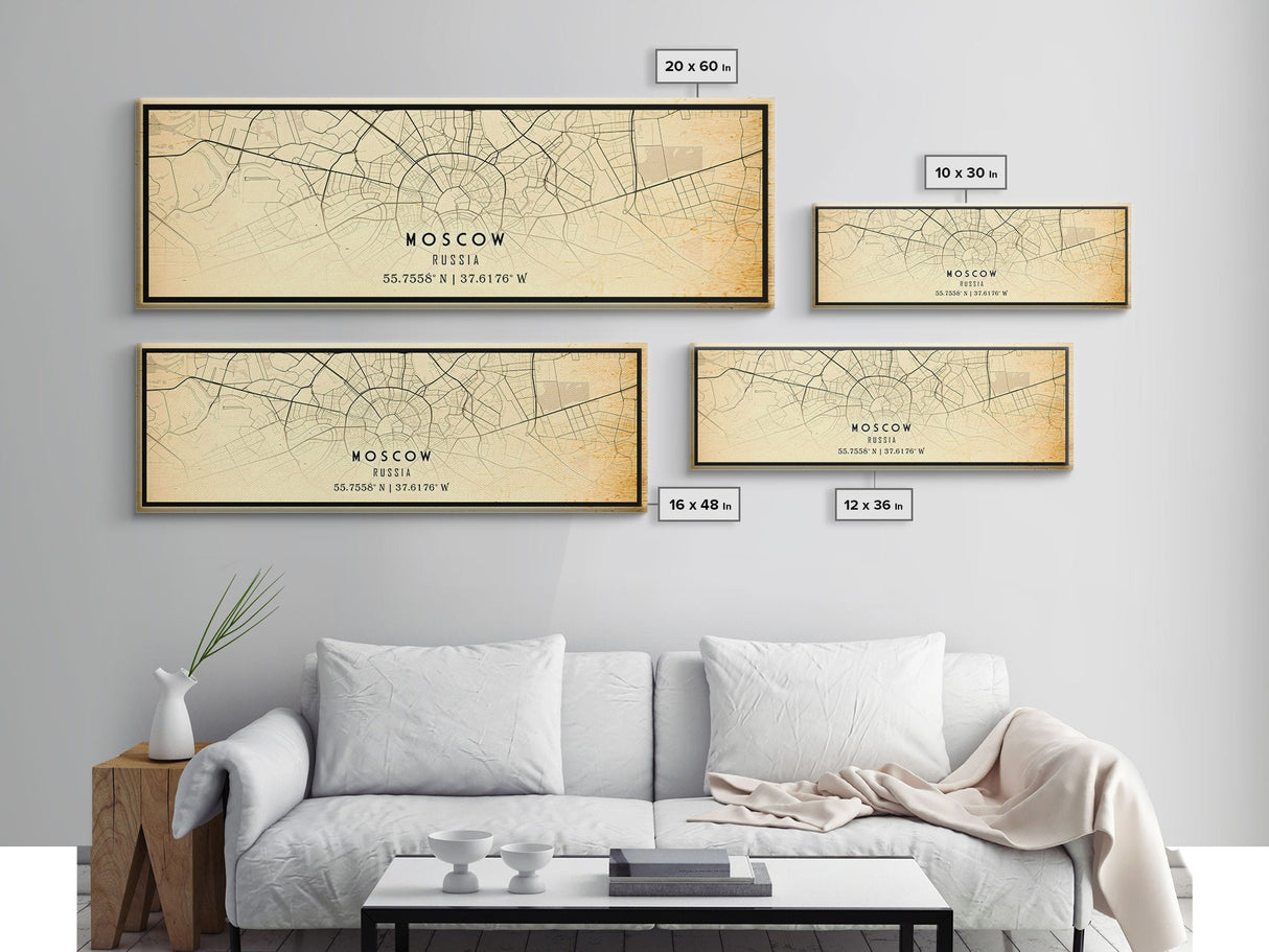 Vintage Style Panoramic Moscow City Map Wall Art Canvas Print, Distressed Russia Map, Framed Wall Art, Cool Travel Wall Art, Office Art