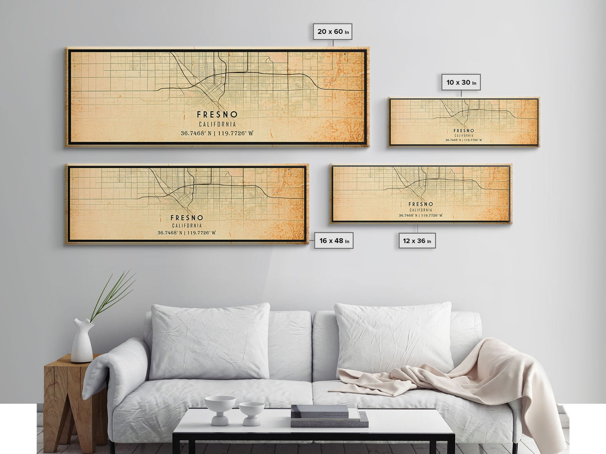 Panoramic Distressed Fresno California Map, Framed Canvas Print Or Poster, California Map Print, City Wall Art Map Print, Rustic Map Art