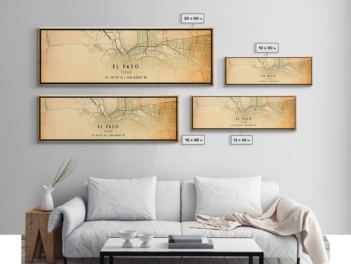 Panoramic El Paso Texas Vintage Map Print, El Paso Map, Texas Map Art, City Road Map , Vintage Gift Map, Travel Vacation Art, Rustic Map