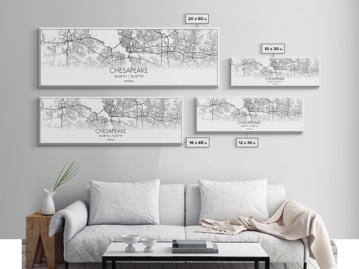 Panoramic Chesapeake City Map, Virginia Art, Map Print, Minimalist Wall Art, Canvas Art, Housewarming Gift, Street Map Art, Closing Gift