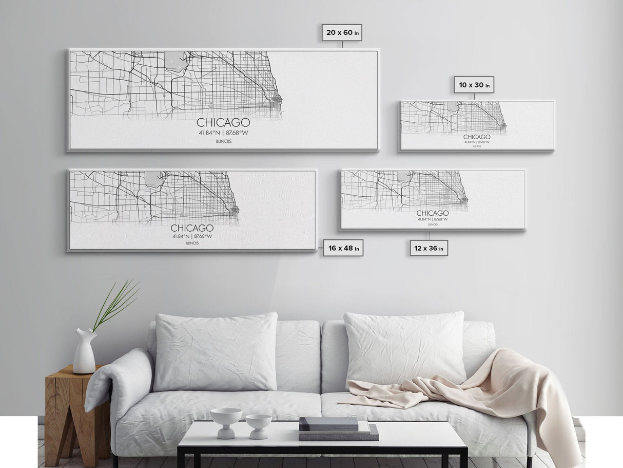 Panoramic Chicago City Map, Illinois Art, Map Print, Minimalist Wall Art, Canvas Art, Housewarming Gift, Street Map Art, Closing Gift