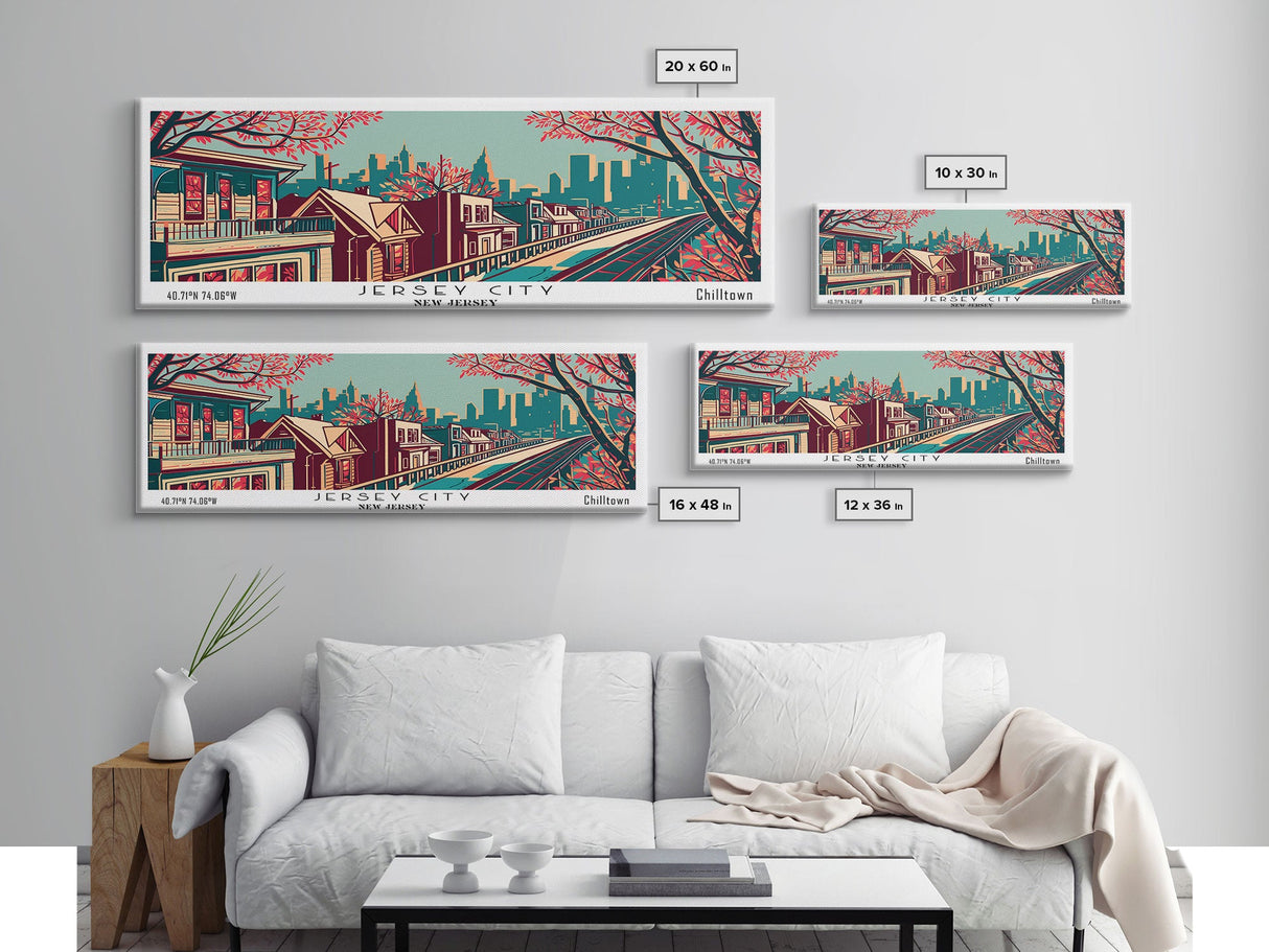 Jersey City New Jersey Panoramic Framed Canvas Print, Travel Poster, Mid Century Modern Art, Pop Art Style, Wall Decor, Office Art, Home Decor, Living Room Art