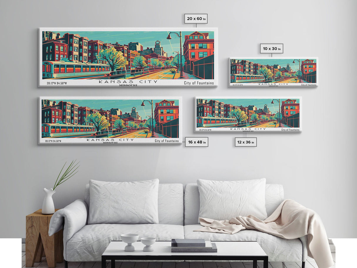 Kansas City Missouri Panoramic Travel Poster Framed Canvas Print, Mid Century Modern Art, Pop Art Style, Wall Art, Wall Decor, Home Decor, Retro Style Art