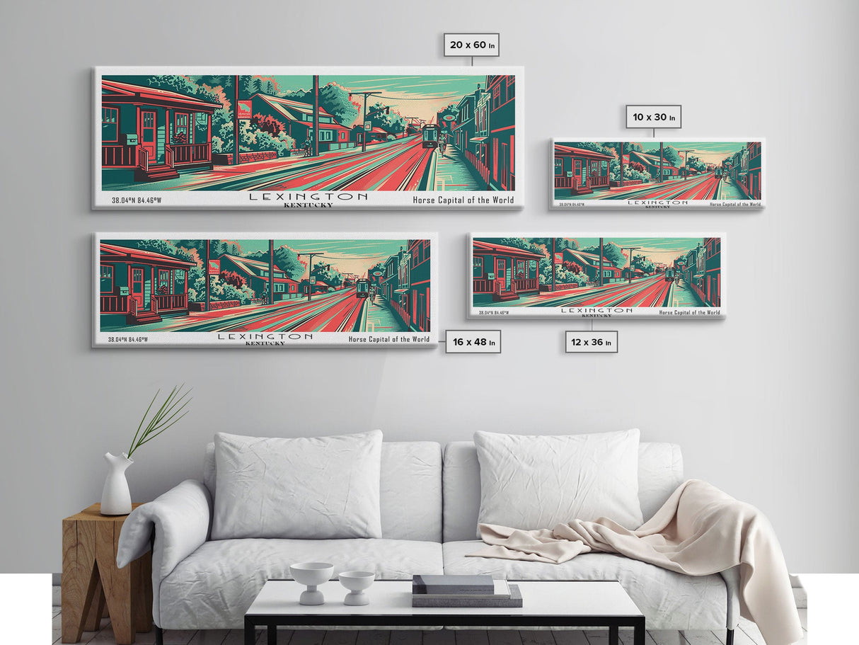 Lexington Kentucky Panoramic Painting Framed Canvas Print, Travel Poster, Mid Century Modern Art, Pop Art Style, Wall Decor, Office Art