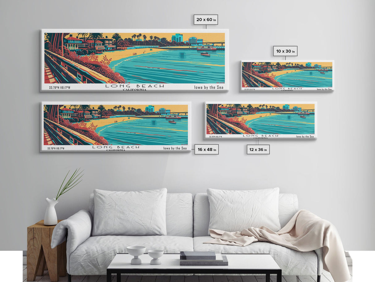 Long Beach California Panoramic Travel Poster Framed Canvas Print, Mid Century Modern Art, Pop Art Style, Wall Art, Home Decor, Wall Hanging