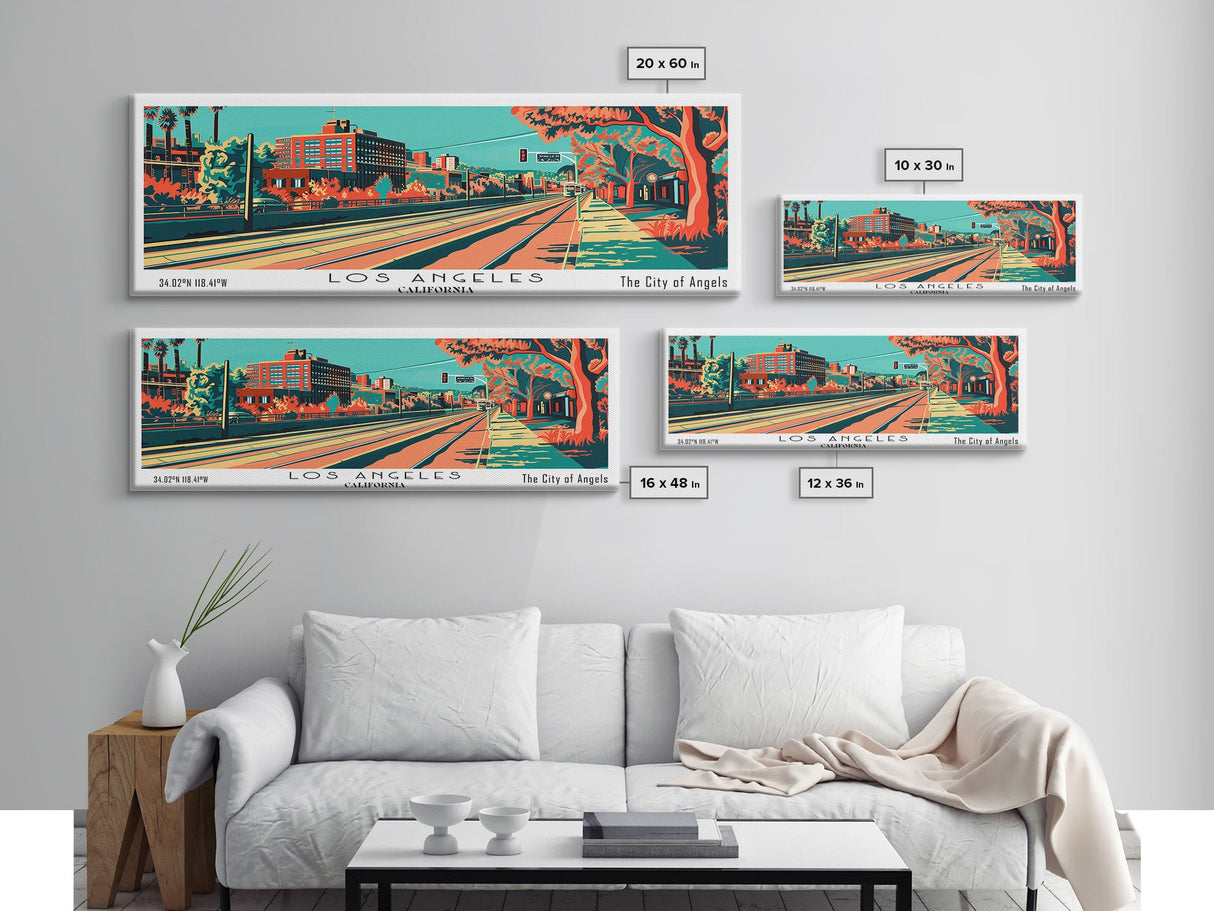 Los Angeles California Panoramic Wall Art Framed Canvas Print, Travel Poster, Mid Century Modern Art, Pop Art Style, Home Decor, Living Room Art