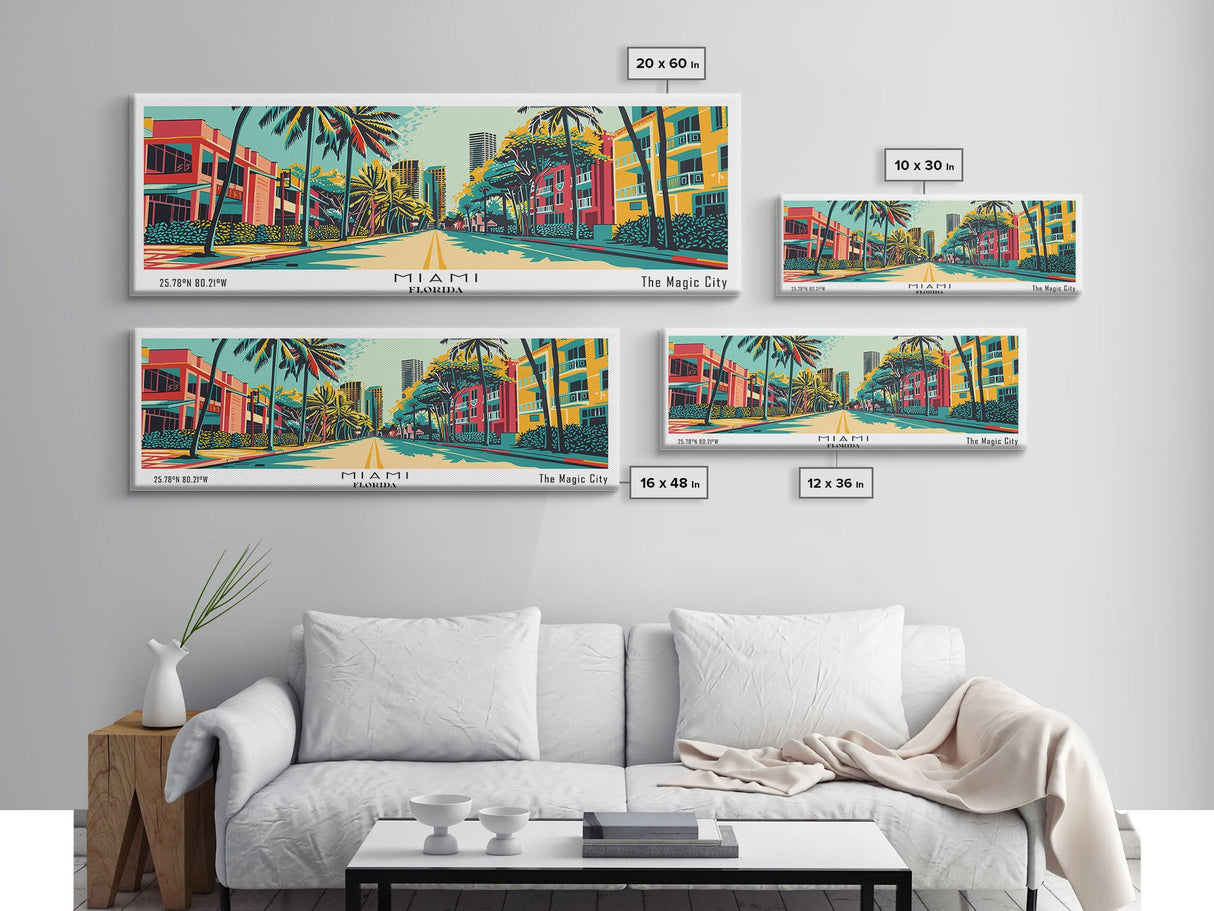 Miami Florida Panoramic Painting Framed Canvas Print, Travel Poster, Mid Century Modern Art, Pop Art Style, Wall Decor, Office Wall Art